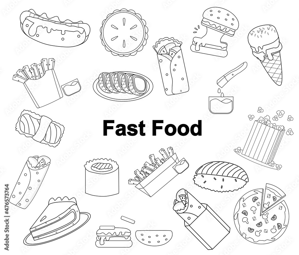 Black and white vector illustration set of fast food for coloring book and doodle