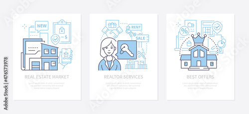 Real estate market - modern line design style banners set
