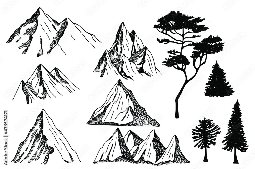 Fototapeta premium Set of hand drawn mountain and trees illustrations. Design element for poster, card, emblem, sign banner. Vector image