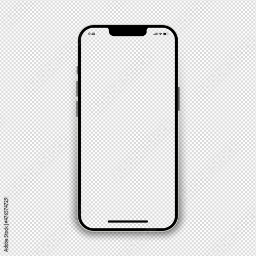 Realistic model of smartphone with a transparent screen. Front view of devices. Mobile phone 3d with shadow on transparent background. Vector EPS 10