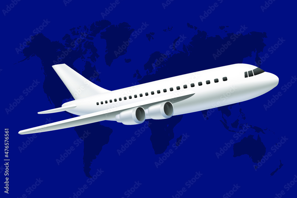Fototapeta premium Passenger plane on earth map background, vector illustration