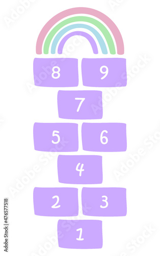 Hopscotch game with a rainbow on top. Traditional outdoor games for children, learning numbers.