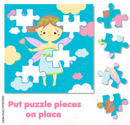 Fototapeta Naklejka Na Ścianę i Meble -  Elf fairy girl. Puzzle for toddlers. Find missing part of picture. Educational game for children and kids