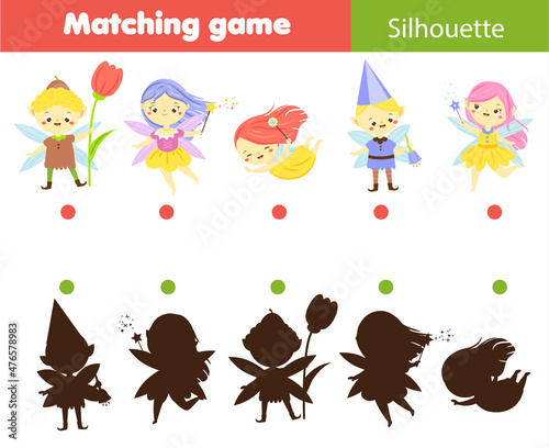 Shadow matching game. Kids activity with cartoon fairy elf. fun page for toddlers