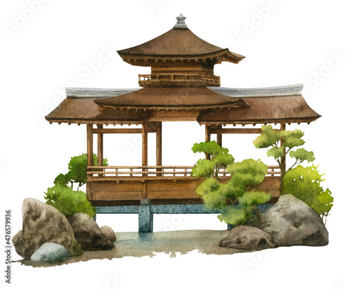 A Japanese building (pavilion) in a garden hand drawn in watercolor isolated on a white background. Watercolor illustration.