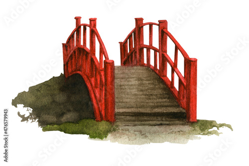 Φωτογραφία A red japanese wooden footbridge for a garden hand drawn in watercolor isolated on a white background
