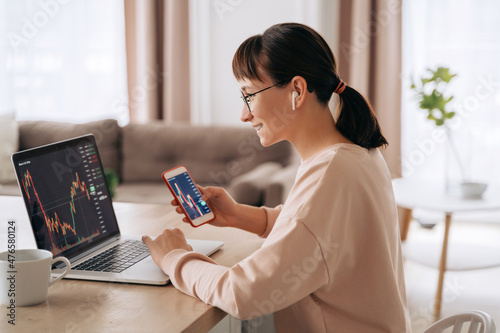 Smiling business woman trader analyst looking at laptop monitor, holding smartphone, wearing earphones. Investor broker analyzing indexes, trading online investment data on stock market graph at home photo