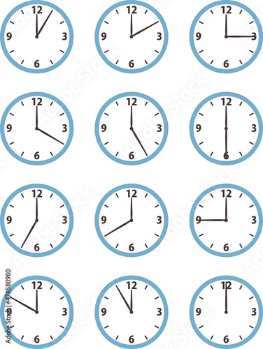 シンプルな12時間分の針時計のイラスト