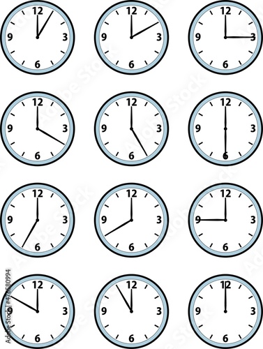 シンプルな12時間分の針時計のイラスト