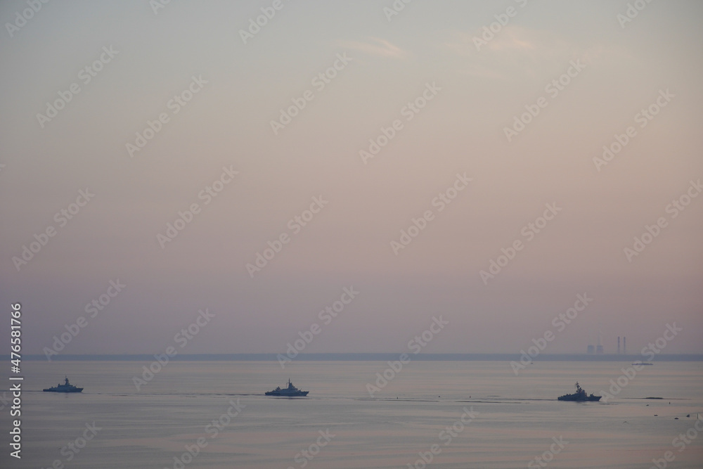Russian warship in the sea of the Gulf of Finland. small ships boats war. High quality photo