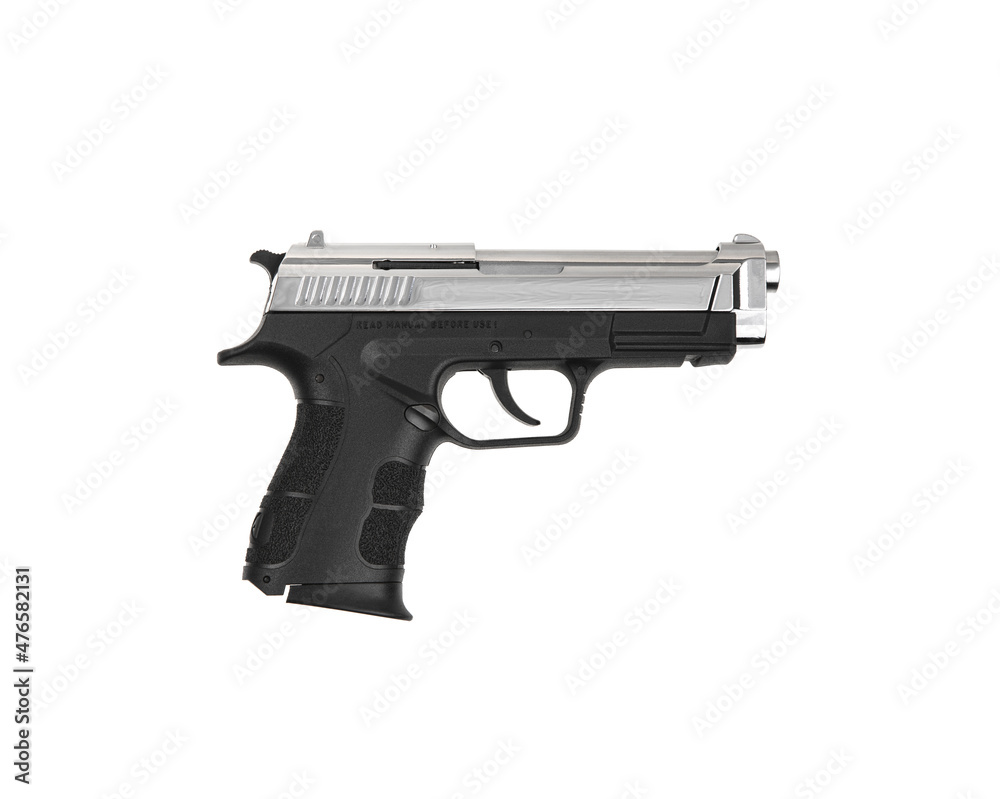 Modern semi-automatic pistol. A short-barreled weapon for self-defense. Arming the police, special units and the army. Isolate on a white back Modern semi-automatic pistol. A short-barreled weapon for self-defense. Arming the police, special units and the army. Isolate on a white back