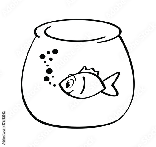 cartoon, comic fish bowl or aquarium. Goldfish in a bowl. Fishbones or fishbone sign. Swims underwater. Vector swimming in the sea, ocean icon or pictogram.
