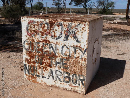 Rustic metal cube in remote ghost village Cook at the Indian Pacific railway in Nullabor plain, Cook, South Australia, Australia photo