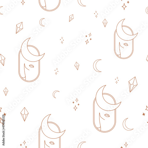 Linear minimal seamless pattern with beautiful esoteric female silhouette and moon. Hairdresser, beauty salon, organic cosmetics, prints and postcards.