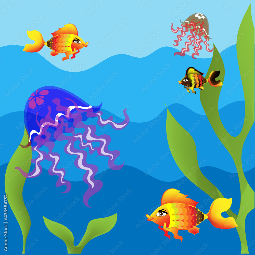 Fototapeta premium Colorful jellyfish and fish in blue water with green algae
