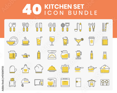 40 Kitchen cooking set tools utensils outline art icon bundle