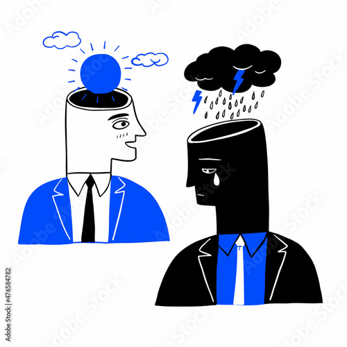Set of men and women with psychological problems on white background.