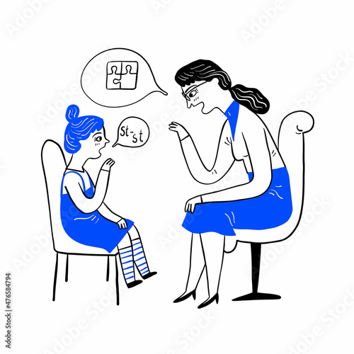 Concepts of psychology. psychotherapist treating a child with stuttering.