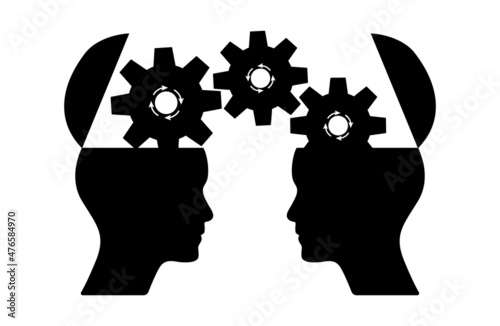 Two open heads with business gears vector illustration. Company brainstorming, logical thinking, teamwork concept design to use in business, profit growth, business future projects. 