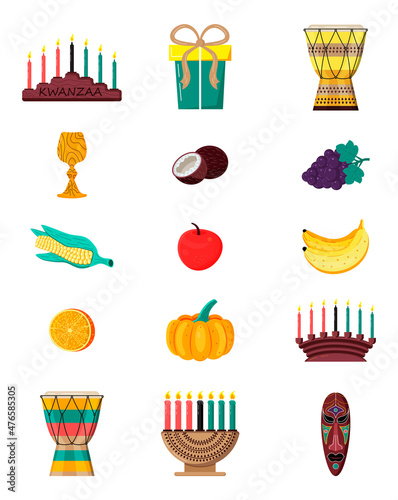 Happy Kwanzaa vector set in hand drawn style for web, card, social media. Happy kwanza celebrated from 26 December to 1 January. photo