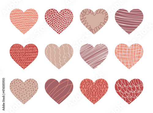 Vector set of abstract heart shaped backgrounds. Modern trendy Valentines day   illustration. Patterns of hand drawn curves  lines. Doodle icons set for social networks  posters  design templates