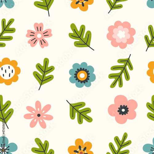 Naive simple flower and leaves pattern. Seamless vector floral print for fabric, textile, apparel, wrapping paper, nursery.