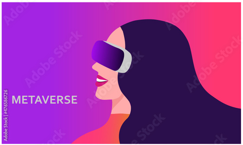 Metaverse digital virtual reality and augmented reality technology, woman wearing virtual reality headset glasses connecting to virtual space vector illustration
