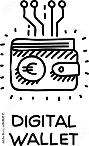 Digital wallet the wallet with the connectors all around it and the euro sign. Digital Display . Sketchy vector hand-drawn illustration.