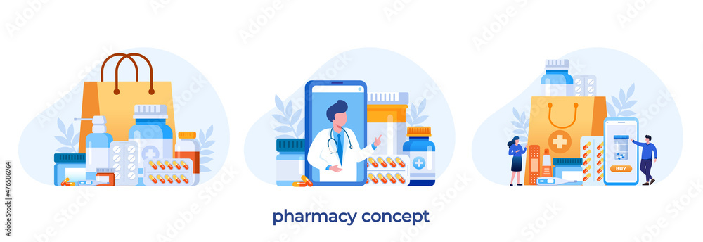Pharmacy medical drugs, medicine, flat vector illustration banner and background