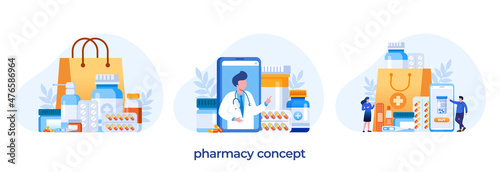 Pharmacy medical drugs, medicine, flat vector illustration banner and background