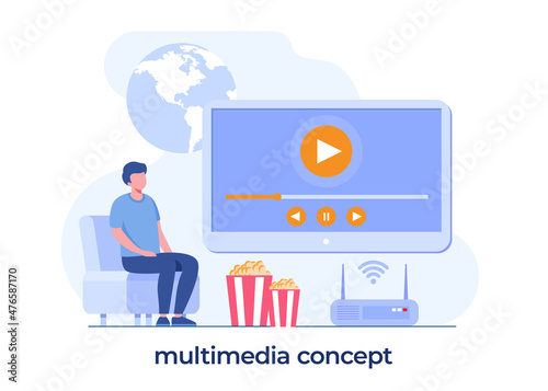 multimedia concept, hobby, live streaming, entertainment, flat illustration template and background