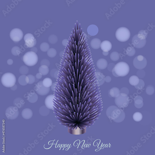 Very peri bokeh background with realistic decorative cone Christmas Tree. Vector illustration for luxury greeting card, post, banner, invitation, promotion, poster and flyer. Copy space. Vector