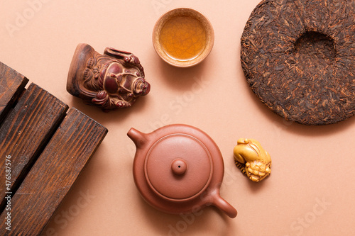 Chinese puer fermented and pressed tea. Healthy nutrition and antioxidant drinks. Tea ceremony
 photo