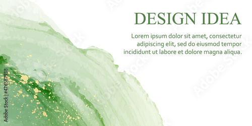 Modern watercolor background or elegant card design or banner or header with abstract green ink waves and golden splashes.