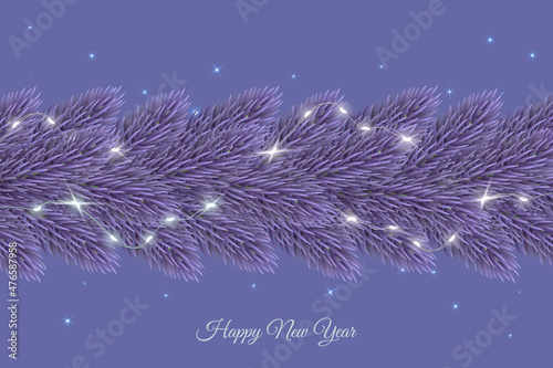 Very peri background. Christmas Tree Branches Decorated with shine garland. Illustration for luxury greeting card, banner, invitation, promotion and flyer, poster, greeting card, headers for website