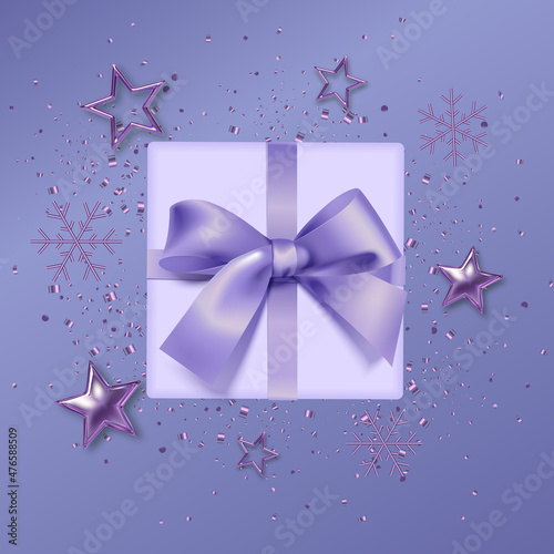 Very peri flat lay background. Elegant realistic gift box with stars and confetti. New Year or Merry Christmas card. Vector illustration for greeting, invitation, card, poster, flyer or wallpaper