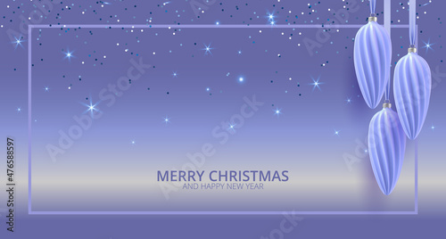 Very peri Christmas banner. Background Xmas design of realistic christmas ball. Horizontal christmas poster, greeting card, headers for website. Vector illustration. Vector illustration