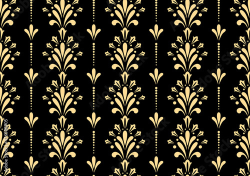 Wallpaper in the style of Baroque. Seamless vector background. Gold and black floral ornament. Graphic pattern for fabric, wallpaper, packaging. Ornate Damask flower ornament