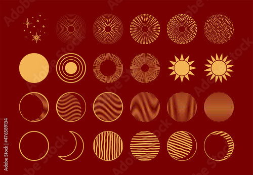 Traditional Asian celestial design elements collection, sun, moon, stars, gold on red. Vector illustration. Concept, clipart Chinese Lunar New Year, Mid Autumn Festival, card, banner, poster, decor.