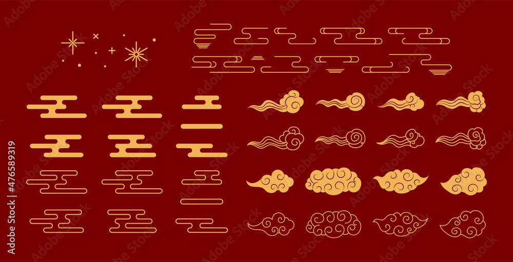 Traditional Asian design elements collection, clouds, stars, gold on red. Vector illustration. Concept, clipart for Chinese Lunar New Year, Mid Autumn Festival, CNY card, banner, poster, decor.