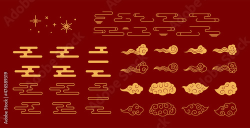 Traditional Asian design elements collection, clouds, stars, gold on red. Vector illustration. Concept, clipart for Chinese Lunar New Year, Mid Autumn Festival, CNY card, banner, poster, decor.