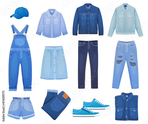 Stylish denim clothing set vector flat illustration. Casual clothes for man and woman © Vikivector
