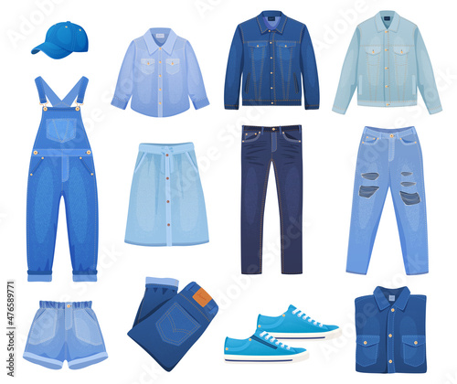 Stylish denim clothing set vector flat illustration. Casual clothes for man and woman