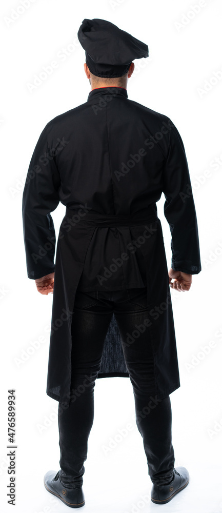 portrait of a male chef in a black suit, uniform with canned food, plate, basket, saucepan, frying pan or knives. isolated white background portrait of a male chef in a black suit, uniform with canned food, plate, basket, saucepan, frying pan or knives. isolated white background