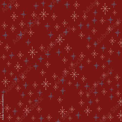 Christmas seamless pattern with isolated painted snowflakes on red background. Cute vector illustration for paper, textile, fabric, prints, wrapping, greeting cards, banners