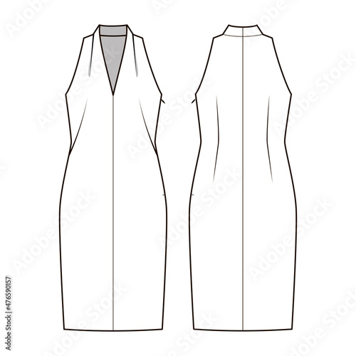 Fashion technical drawing of tight sleeveless dress with neckline