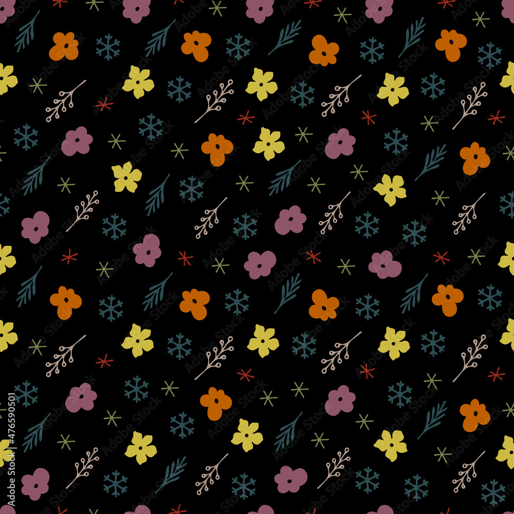 Christmas seamless pattern with isolated painted winter flowers, berries, snowflakes on black background. Cute vector illustration for paper, textile, fabric, prints, wrapping, greeting cards, banners