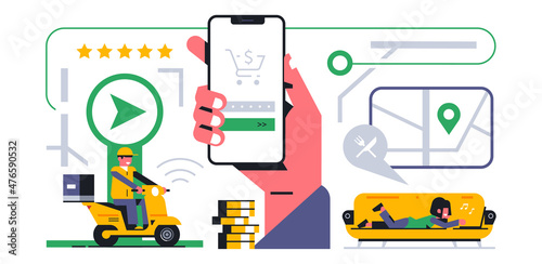Online food delivery service to your home. Successful payment for a home delivery order through a mobile application. Courier, scooter, map, street, address, location, coin, star Vector illustration