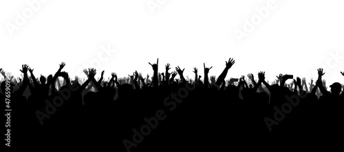 Hands at the concert, silhouettes against stage lighting. Isolated on white background. photo