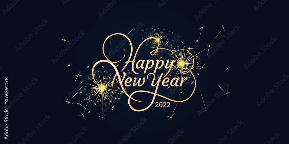 Happy New Year 2022 typography, with fireworks on dark blue background. Concept for holiday decoration, greeting card, poster, banner, flyer. - obrazy, fototapety, plakaty 